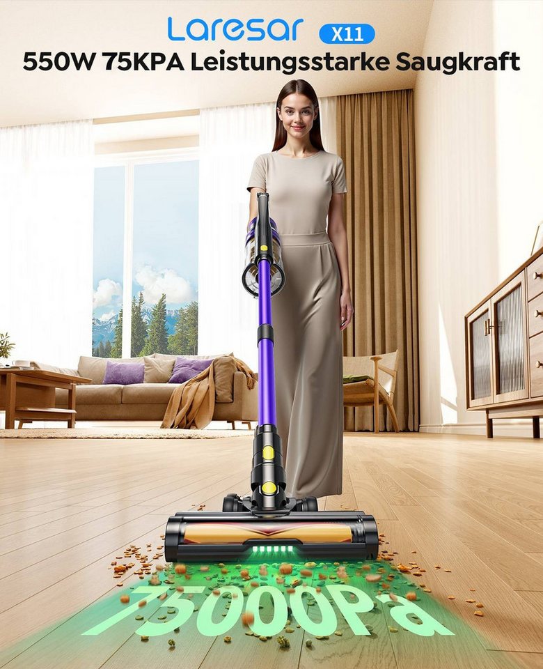 Laresar Akku-Hand-und Stielstaubsauger X11 Akku Staubsauger,AkkuStaubsauger, 75KPA, 60Min Laufzeit,550W, beutellos, Intelligenter Touchscreen, Abnehmbarer Akku, 1,5 L Staubbehälter