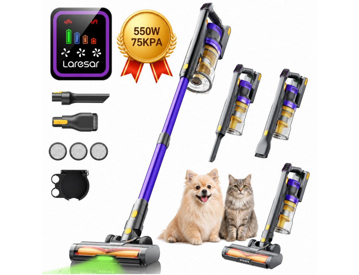 Laresar Akku-Hand-und Stielstaubsauger X11 Akku Staubsauger,AkkuStaubsauger, 75KPA, 60Min Laufzeit,550W, beutellos, Intelligenter Touchscreen, Abnehmbarer Akku, 1,5 L Staubbehälter Bild 3