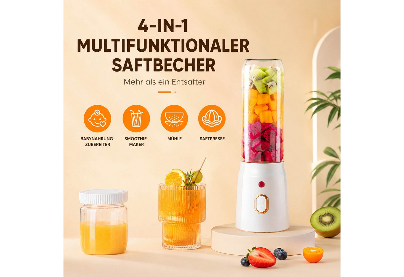 KINSI Akku-Smoothie-Maker Tragbarer Smoothie Mixer 450 ml, USB Mini Mixer mit 10 Klingen, 40 W, Motor bis 21000 U/min für feine Smoothies und Shakes Bild 2