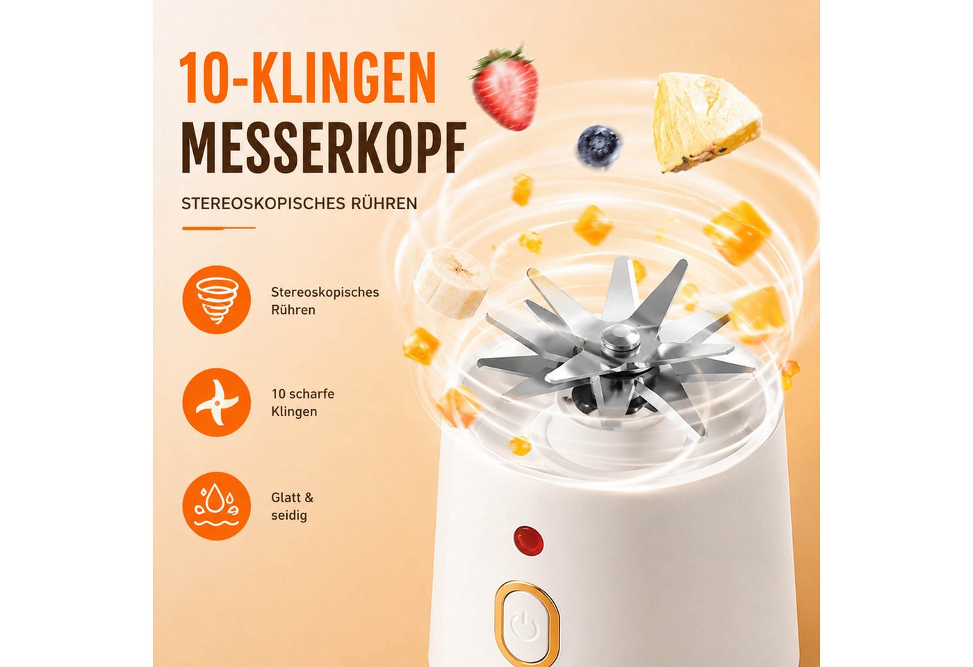 KINSI Akku-Smoothie-Maker Tragbarer Smoothie Mixer 450 ml, USB Mini Mixer mit 10 Klingen, 40 W, Motor bis 21000 U/min für feine Smoothies und Shakes Bild 3