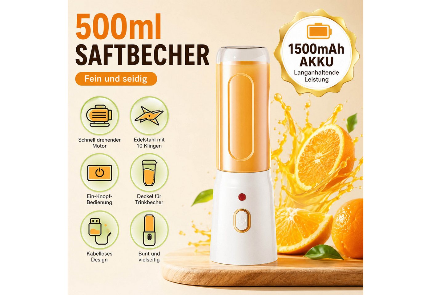 KINSI Akku-Smoothie-Maker Tragbarer Smoothie Mixer 450 ml, USB Mini Mixer mit 10 Klingen, 40 W, Motor bis 21000 U/min für feine Smoothies und Shakes Bild 4