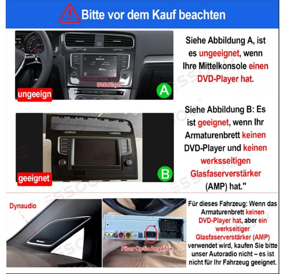 ESSGOO Für Golf 7 2013-2017 6+128GB 8-Kern NAVI Carplay QLED Autoradio (RDS, Digitalradio (DAB), FM, AM, Apple Carplay Android Auto 4G LTE ASP SWC BT GPS) Bild 4