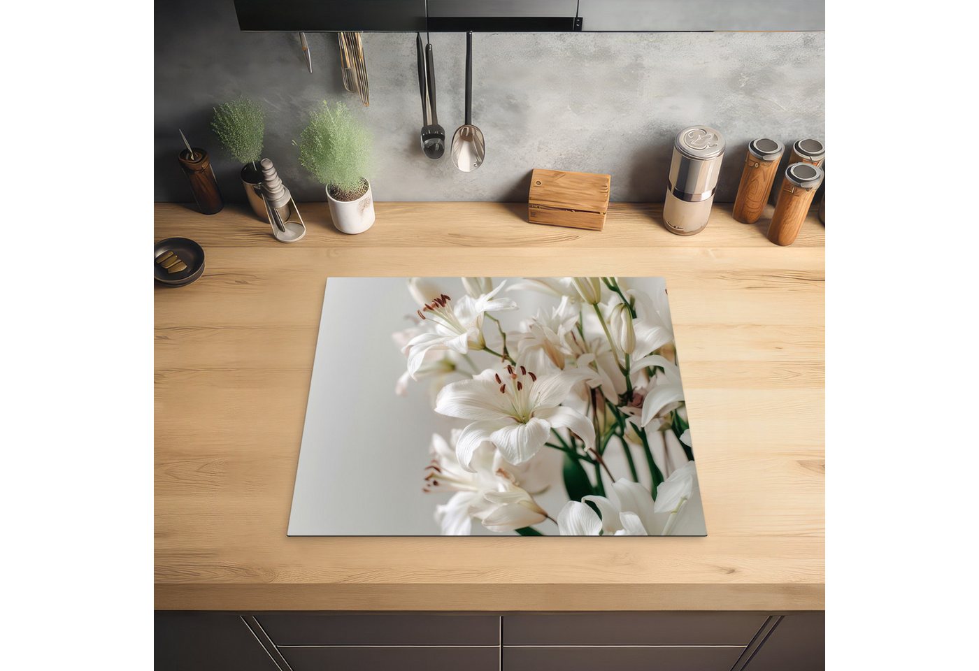MuchoWow Herd-Abdeckplatte Lilien - Boekte - Weiß - Staubgefäße, Vinyl, (1 tlg), Abdeckplatte für Ceranfeld, Herd Inductionsmatte, 60x50 cm Bild 3
