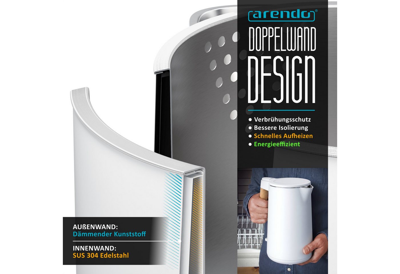 Arendo Wasserkocher Edelstahl, Doppelwand, Cool-Touch, 360° Basis, mit Griff in Holzoptik, 1,5 l, 2200 W, mit Temperatureinstellung, Trockengehschutz, BPA-frei, GS Geprüft Bild 2