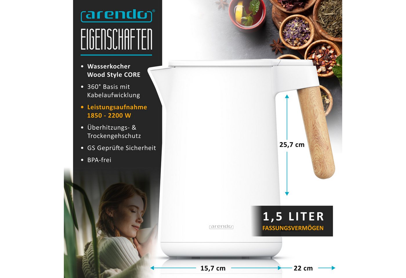 Arendo Wasserkocher Edelstahl, Doppelwand, Cool-Touch, 360° Basis, mit Griff in Holzoptik, 1,5 l, 2200 W, mit Temperatureinstellung, Trockengehschutz, BPA-frei, GS Geprüft Bild 4