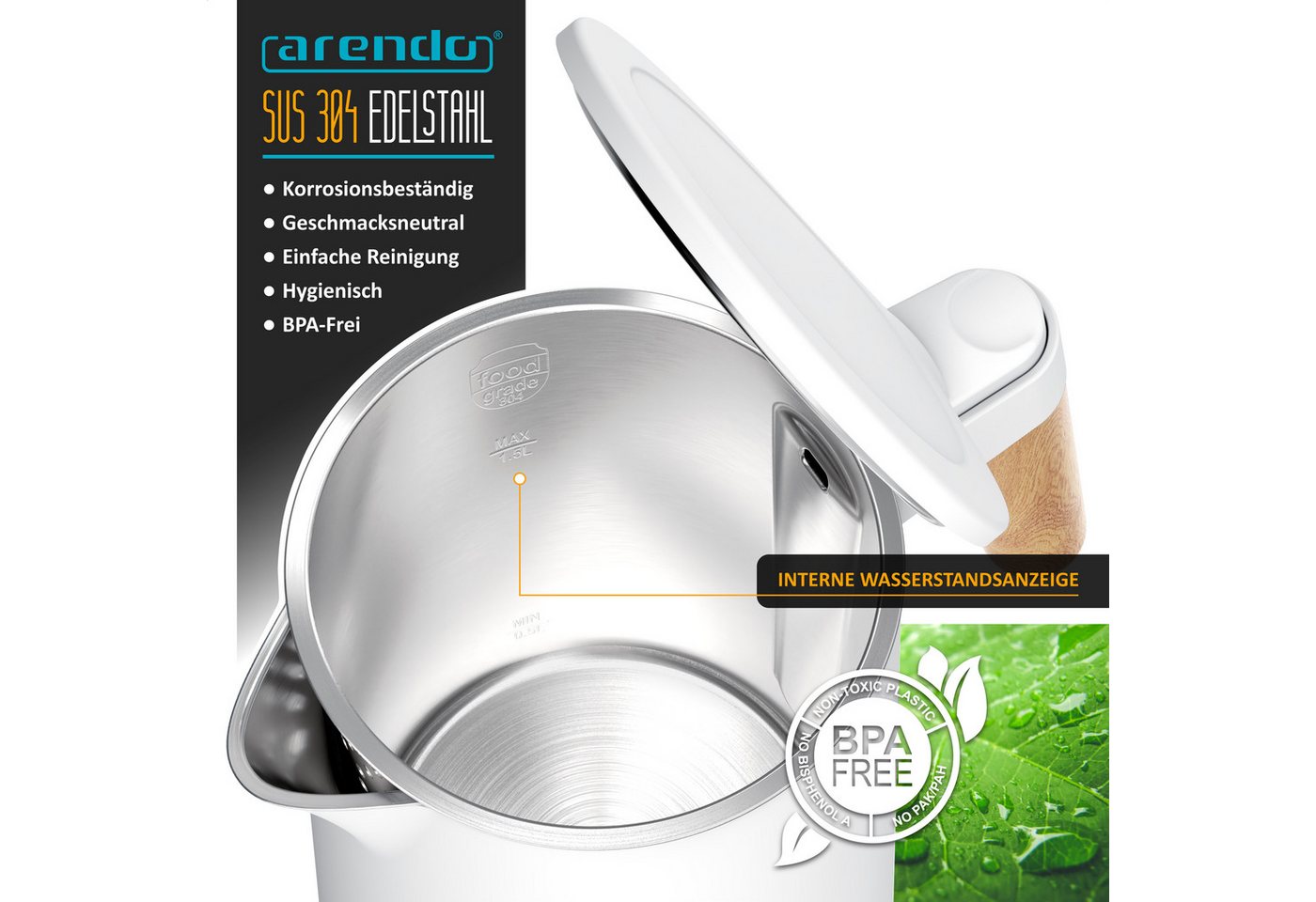 Arendo Wasserkocher Edelstahl, Doppelwand, Cool-Touch, 360° Basis, mit Griff in Holzoptik, 1,5 l, 2200 W, mit Temperatureinstellung, Trockengehschutz, BPA-frei, GS Geprüft Bild 5