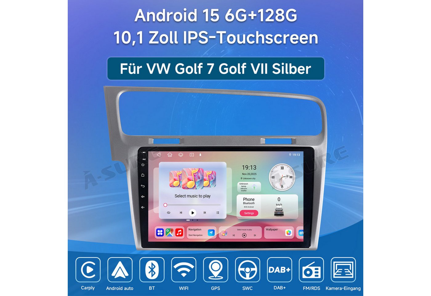 A-Sure 10.1" Android 15 Carplay Für VW Golf 7 VII MK7 2013-2017 Autoradio (Digitalradio (DAB), FM, AM) Bild 4