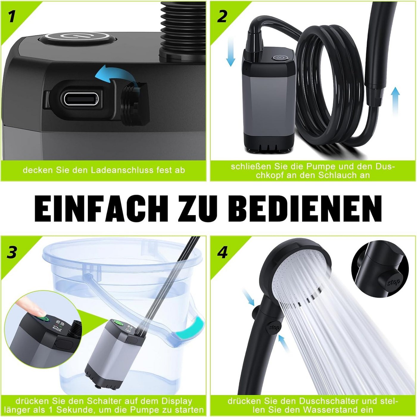 TWUFY Gartendusche Campingdusche mit Pumpe & wiederaufladbarem Akku 6000mAh (Camping Dusche Akku, Camping Dusche Tragbare Set mit Duschkopf und Schlauch, für Garten Strand, Autowaschen, Hausti, Reisen), Tragbare Campingdusche mit Akku & LED-Anzeige