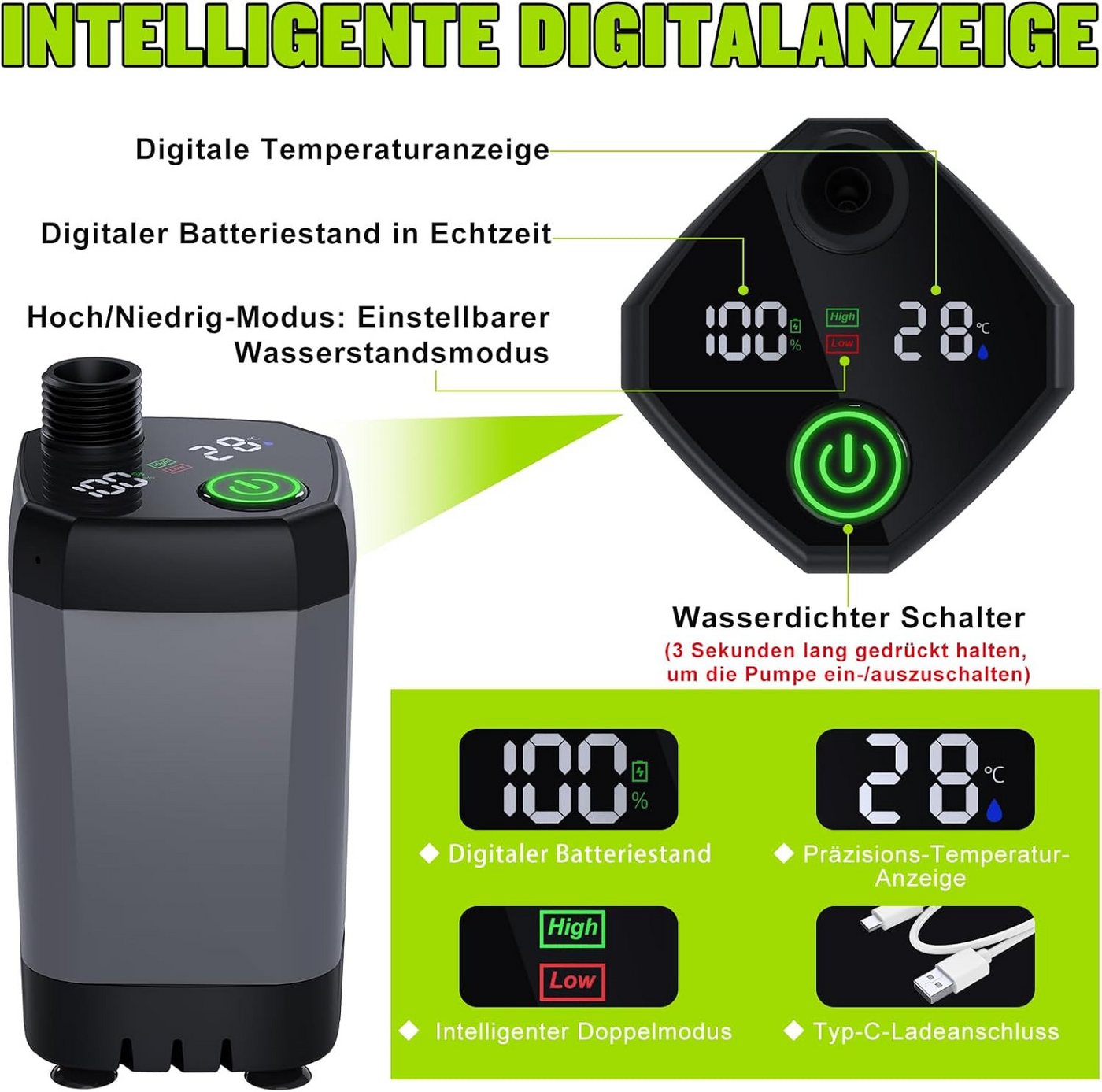 TWUFY Gartendusche Campingdusche mit Pumpe & wiederaufladbarem Akku 6000mAh (Camping Dusche Akku, Camping Dusche Tragbare Set mit Duschkopf und Schlauch, für Garten Strand, Autowaschen, Hausti, Reisen), Tragbare Campingdusche mit Akku & LED-Anzeige Bild 3