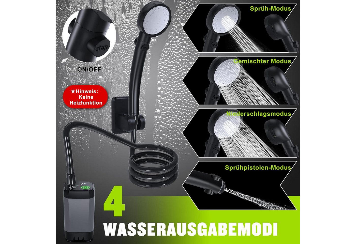 TWUFY Gartendusche Campingdusche mit Pumpe & wiederaufladbarem Akku 6000mAh (Camping Dusche Akku, Camping Dusche Tragbare Set mit Duschkopf und Schlauch, für Garten Strand, Autowaschen, Hausti, Reisen), Tragbare Campingdusche mit Akku & LED-Anzeige Bild 4