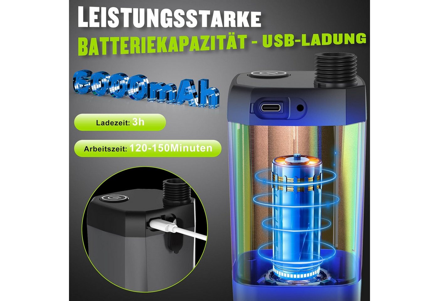 TWUFY Gartendusche Campingdusche mit Pumpe & wiederaufladbarem Akku 6000mAh (Camping Dusche Akku, Camping Dusche Tragbare Set mit Duschkopf und Schlauch, für Garten Strand, Autowaschen, Hausti, Reisen), Tragbare Campingdusche mit Akku & LED-Anzeige Bild 5