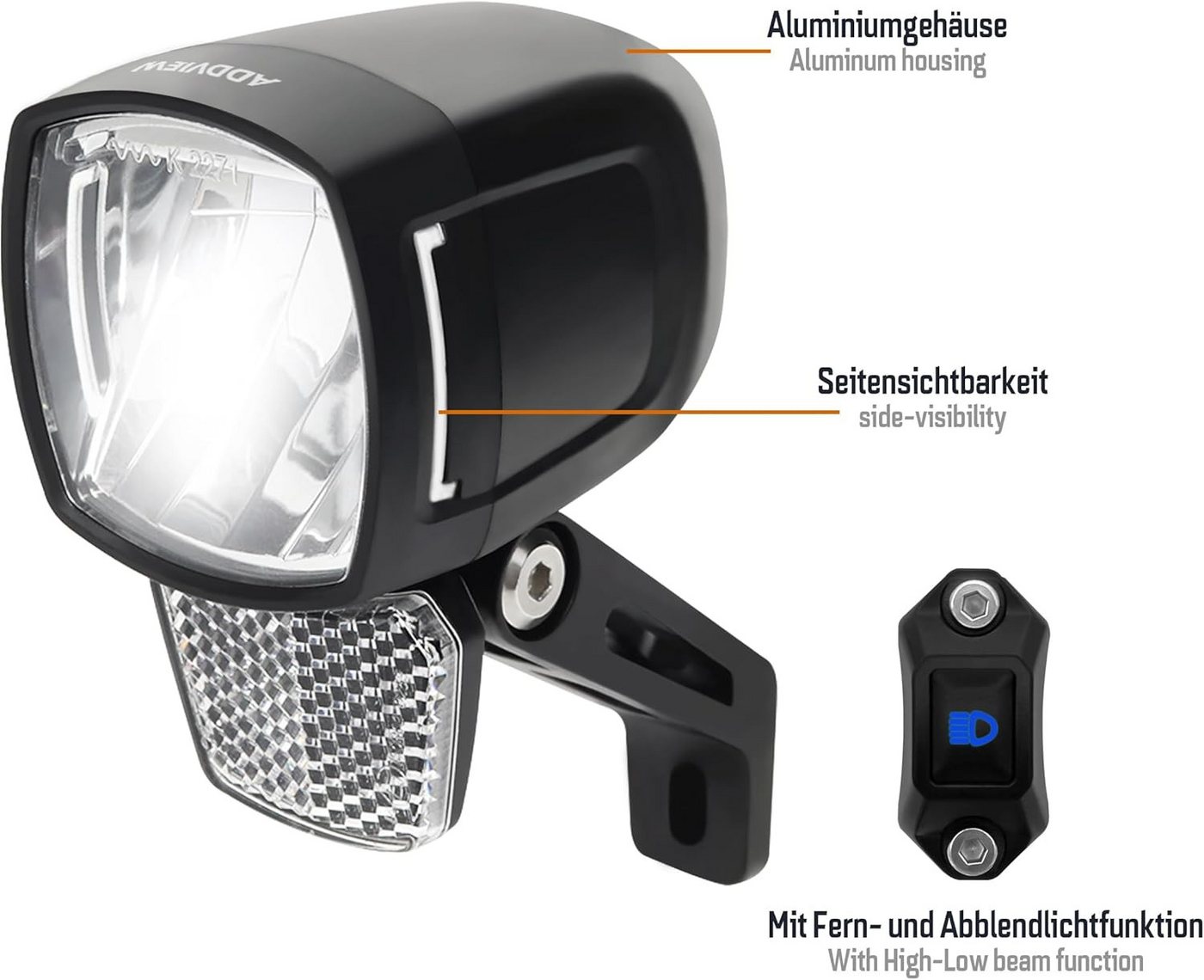 ADDVIEW Fahrradbeleuchtung E-Bike Fahrrad Scheinwerfer 150-170 Lux Frontlicht, Fernlicht E Bike Frontlampe mit Schalter - 8-48V DC Bild 2