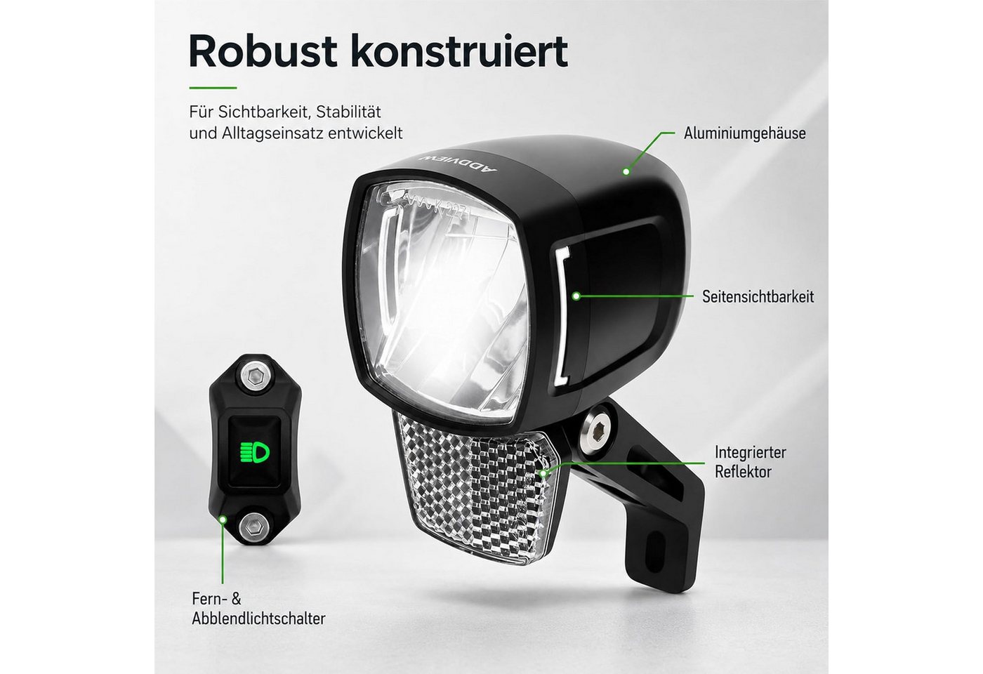 ADDVIEW Fahrradbeleuchtung E-Bike Fahrrad Scheinwerfer 150-170 Lux Frontlicht, Fernlicht E Bike Frontlampe mit Schalter - 8-48V DC Bild 4