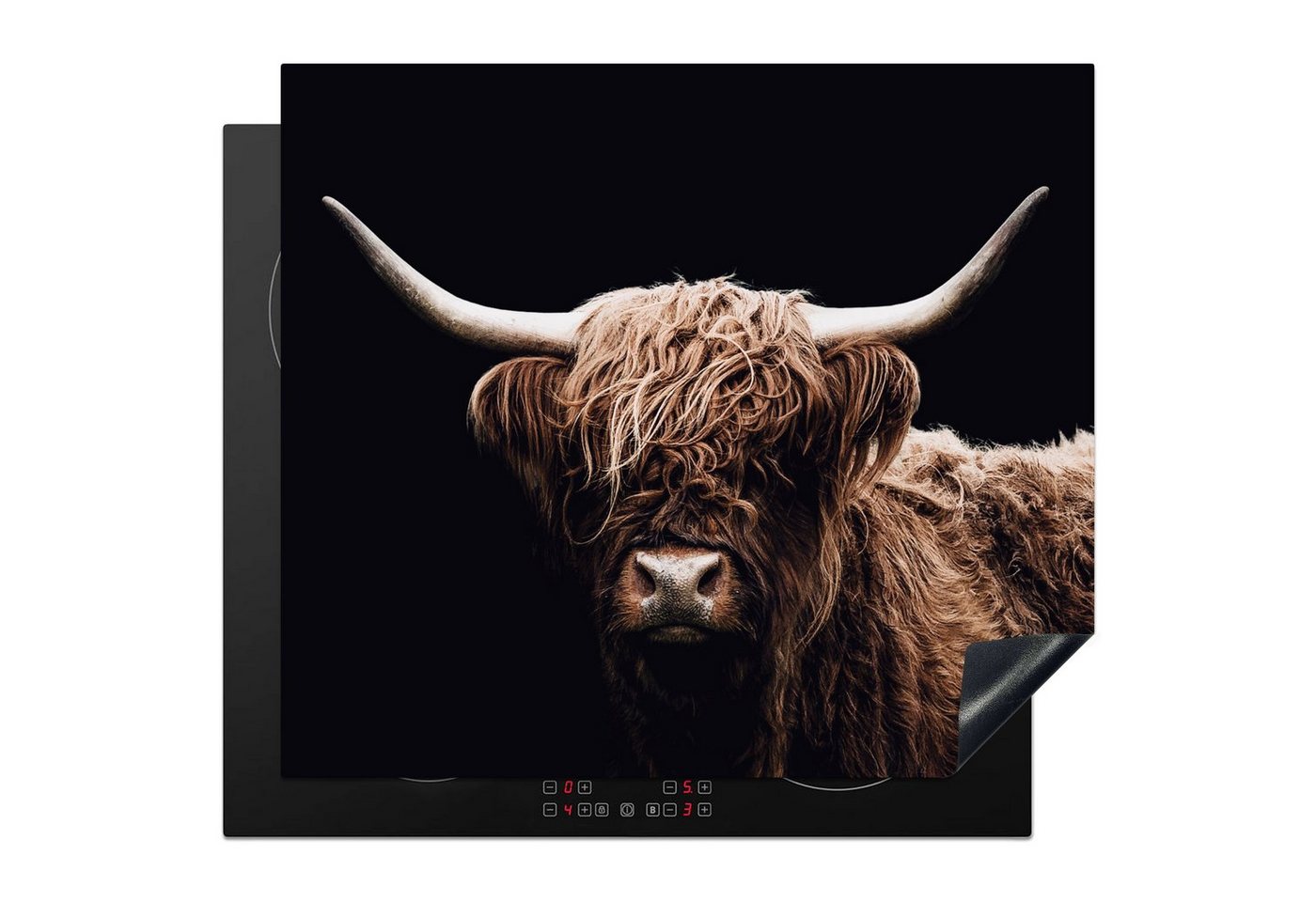 MuchoWow Herd-Abdeckplatte Schottischer Highlander - Schwarz - Horn, Vinyl, (1 tlg), Küche Herdabdeckplatte Ceranfeld Vinyl Einteilig, 59x52 cm