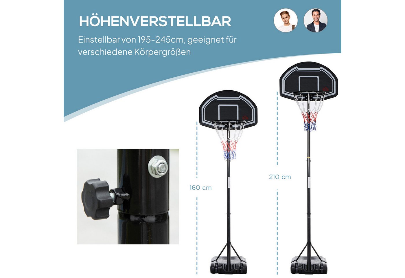 HOMCOM Basketballkorb Outdoor höhenverstellbarer Basketballständer für Jugendliche (Basketballanlage mit Ständer, 1-St., Basketballständer), für Jungendliche, Schwarz Bild 2
