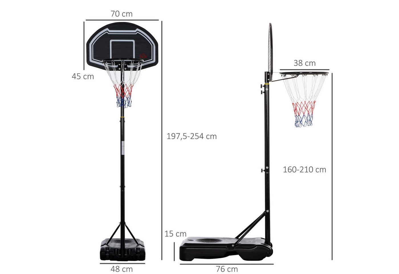 HOMCOM Basketballkorb Outdoor höhenverstellbarer Basketballständer für Jugendliche (Basketballanlage mit Ständer, 1-St., Basketballständer), für Jungendliche, Schwarz Bild 3