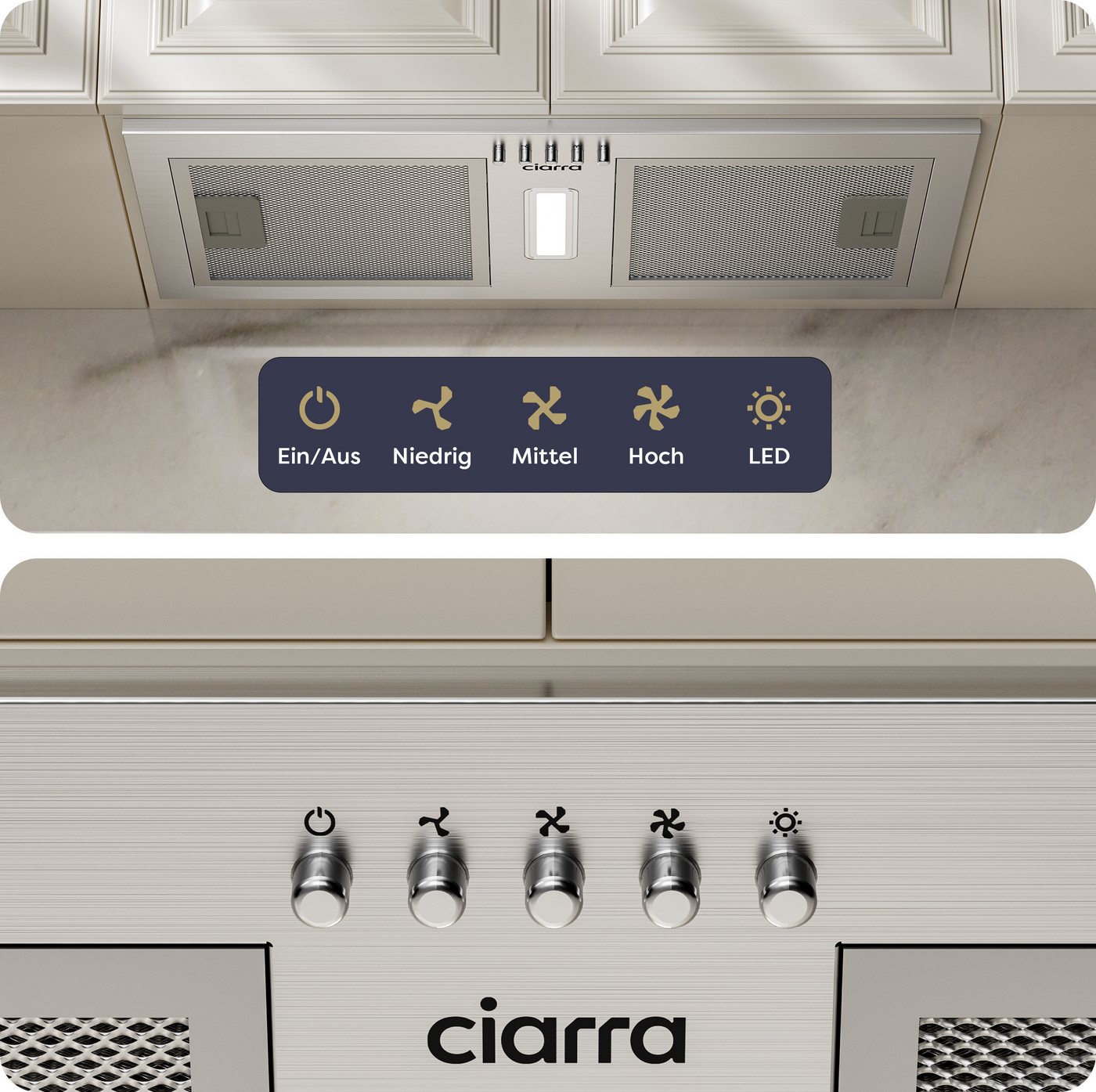 CIARRA Unterbauhaube 52cm Einbauhaube für Küchenschrank 404 m³/h Abluft & Umluft CBCS5937A Einbau-Dunstabzugshaube aus Edelstahl 3 Stufen mit LED Druckknopf