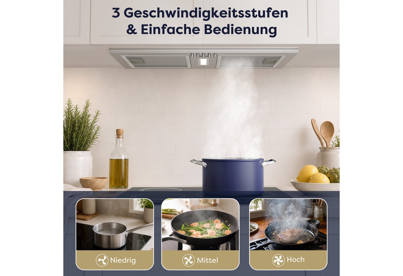 CIARRA Unterbauhaube 52cm Einbauhaube für Küchenschrank 404 m³/h Abluft & Umluft CBCS5937A Einbau-Dunstabzugshaube aus Edelstahl 3 Stufen mit LED Druckknopf Bild 2