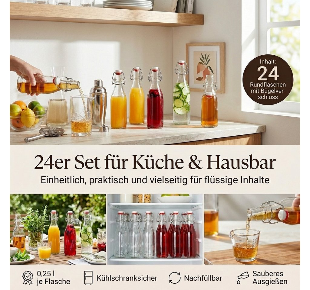 gouveo Trinkflasche gouveo 24er Set Glasflasche 250 ml rund mit Bügelverschluss (BFR250), 24er Set Mehrweg-Bügelflaschen 250 ml – auslaufsicher Bild 3