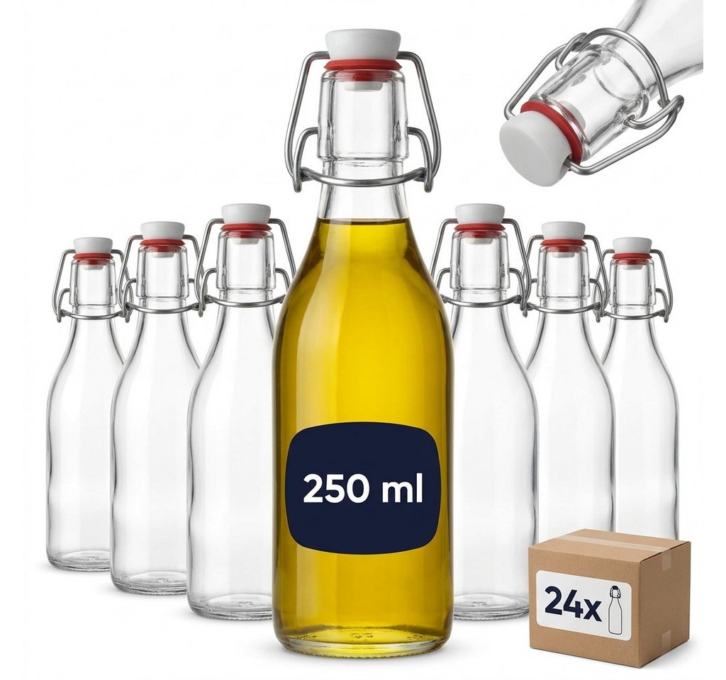 gouveo Trinkflasche gouveo 24er Set Glasflasche 250 ml rund mit Bügelverschluss (BFR250), 24er Set Mehrweg-Bügelflaschen 250 ml – auslaufsicher Bild 4