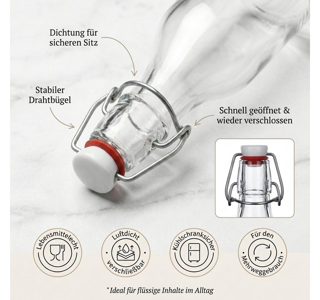 gouveo Trinkflasche gouveo 24er Set Glasflasche 250 ml rund mit Bügelverschluss (BFR250), 24er Set Mehrweg-Bügelflaschen 250 ml – auslaufsicher Bild 5