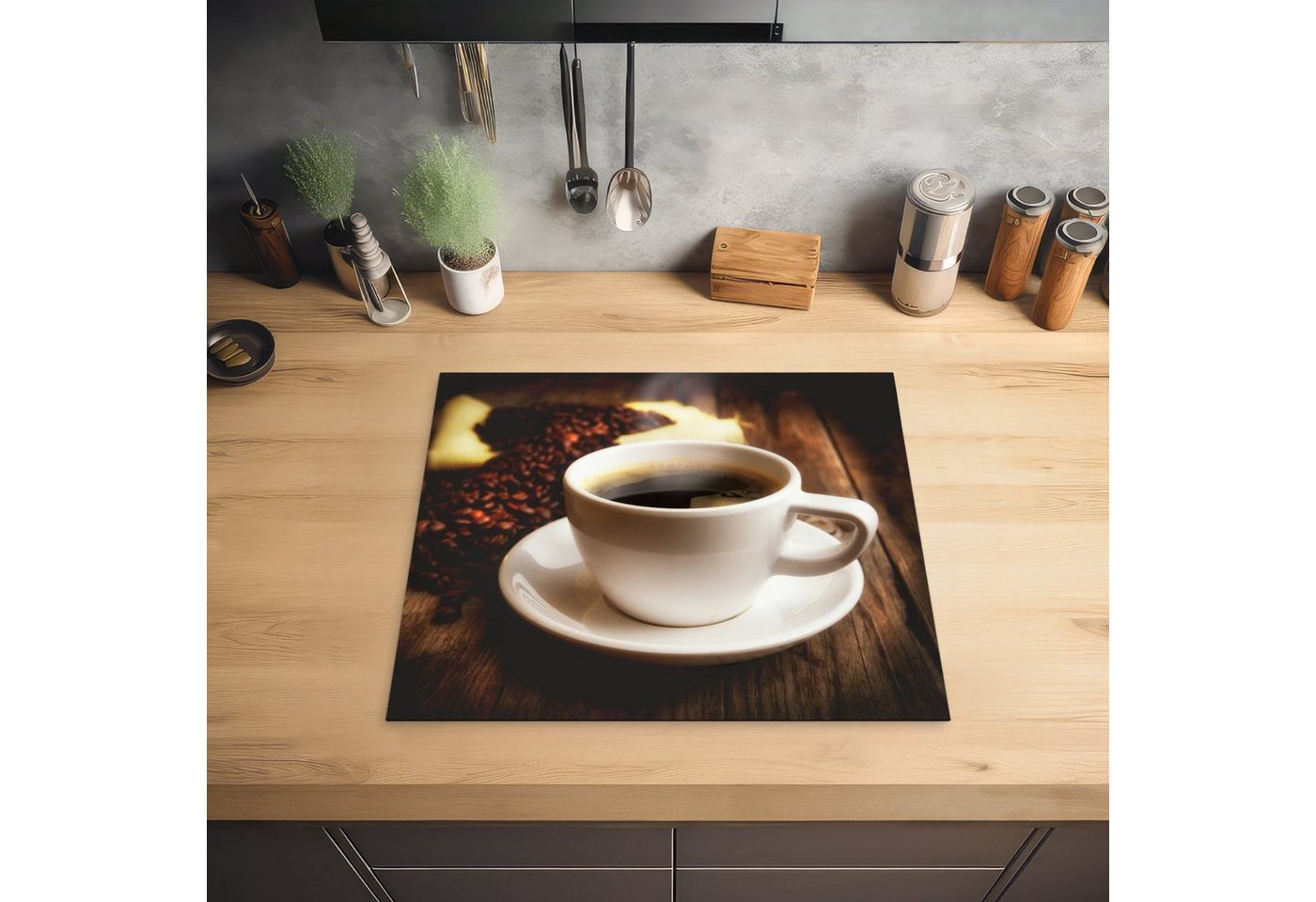 MuchoWow Herd-Abdeckplatte Eine heiße Tasse Kaffee mit Kaffeebohnen, Vinyl, (1 tlg), Abdeckplatte für Ceranfeld, Herd Inductionsmatte, 57.6x51.6 cm Bild 4