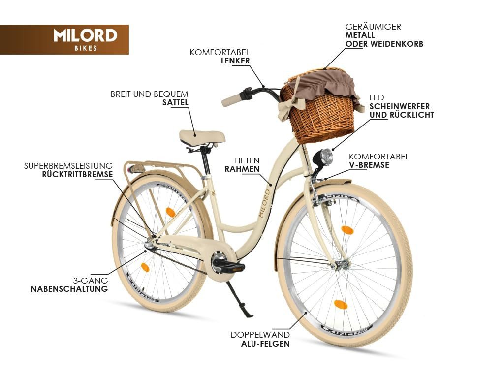 Milord Cityrad Milord City Fahrrad Korb Damenfahrrad, 28/26 Zoll, Weiß, 3-Gang, 3 Gang, (Fahrradständer, Gepäckträger, Klingel, Korb, Kotflügel) Bild 2