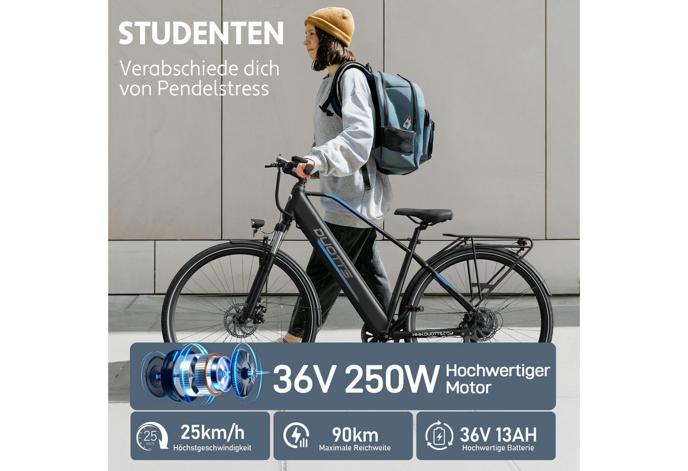DUOTTS E-Bike Mountainbike Herren Damen E-Citybike 28 Zoll 250W 468Wh 90km Scheibenbremse, Kettenschaltung, Heckmotor, 468 Wh, (Beleuchtungsset mit Batterieladegerät, Batterieschlüssel, Werkzeug), E-Bike mit Scheibenbremsen, Federgabel & 27,5" pannensicheren Reifen Bild 3
