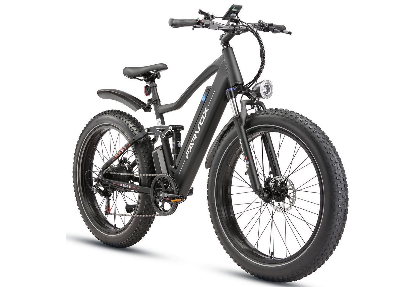 Vankel E-Bike Cityrad Herren Damen E-Fatbike 26 Zoll 250W 624Wh 100km Full-Suspension, Kettenschaltung, Heckmotor, 624 Wh, Shimano 7-Gang Hydraulische Scheibenbremse 60Nm 36,2kg Alu 120kg