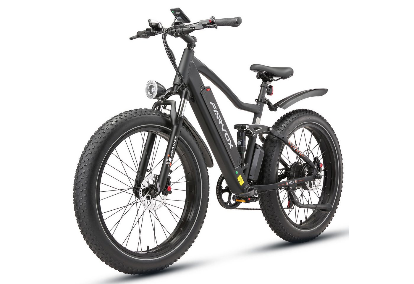 Vankel E-Bike Cityrad Herren Damen E-Fatbike 26 Zoll 250W 624Wh 100km Full-Suspension, Kettenschaltung, Heckmotor, 624 Wh, Shimano 7-Gang Hydraulische Scheibenbremse 60Nm 36,2kg Alu 120kg Bild 2