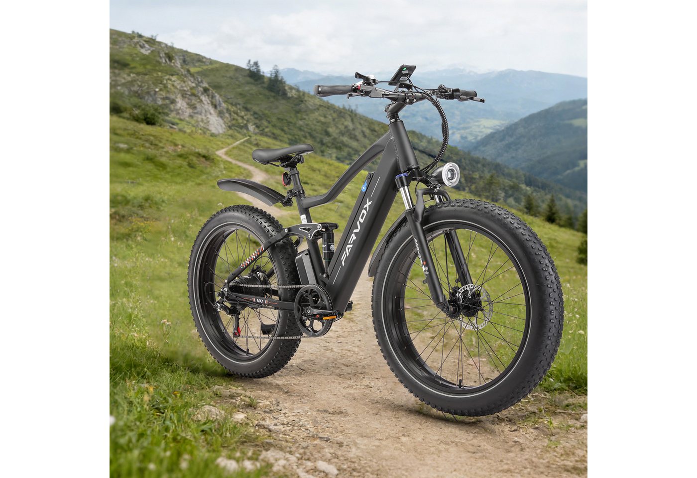 Vankel E-Bike Cityrad Herren Damen E-Fatbike 26 Zoll 250W 624Wh 100km Full-Suspension, Kettenschaltung, Heckmotor, 624 Wh, Shimano 7-Gang Hydraulische Scheibenbremse 60Nm 36,2kg Alu 120kg Bild 3