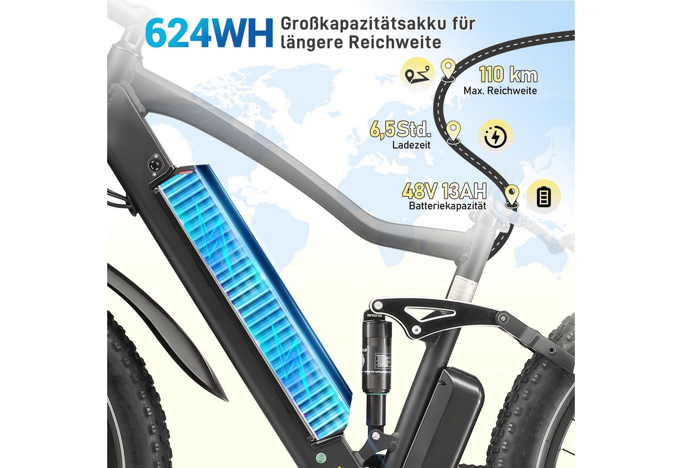Vankel E-Bike Cityrad Herren Damen E-Fatbike 26 Zoll 250W 624Wh 100km Full-Suspension, Kettenschaltung, Heckmotor, 624 Wh, Shimano 7-Gang Hydraulische Scheibenbremse 60Nm 36,2kg Alu 120kg Bild 4