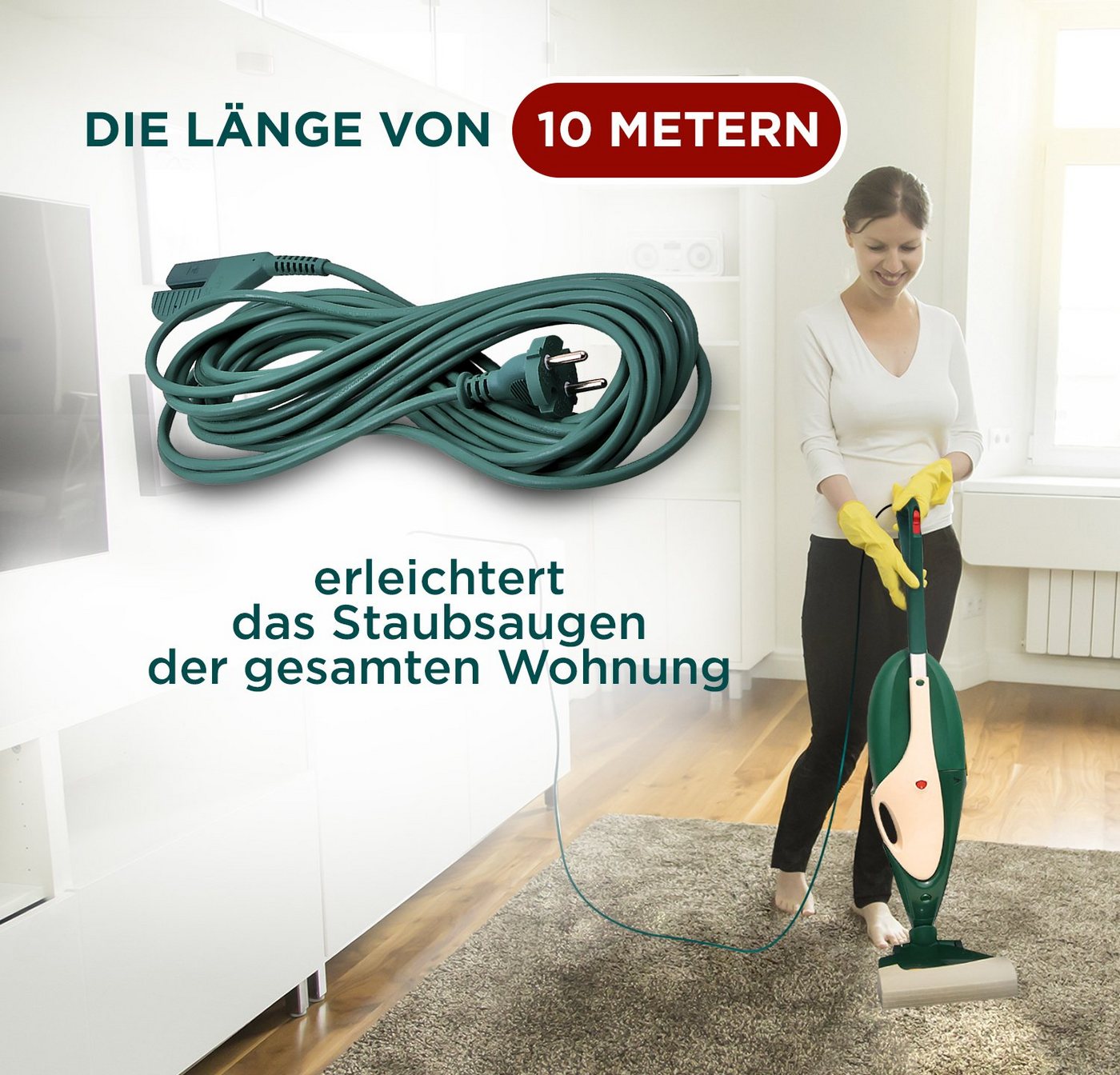 VIOKS Anschlusskabel Ersatz für Vorwerk Stromkabel, 10 m für Handstaubsauger mit Konturenstecker