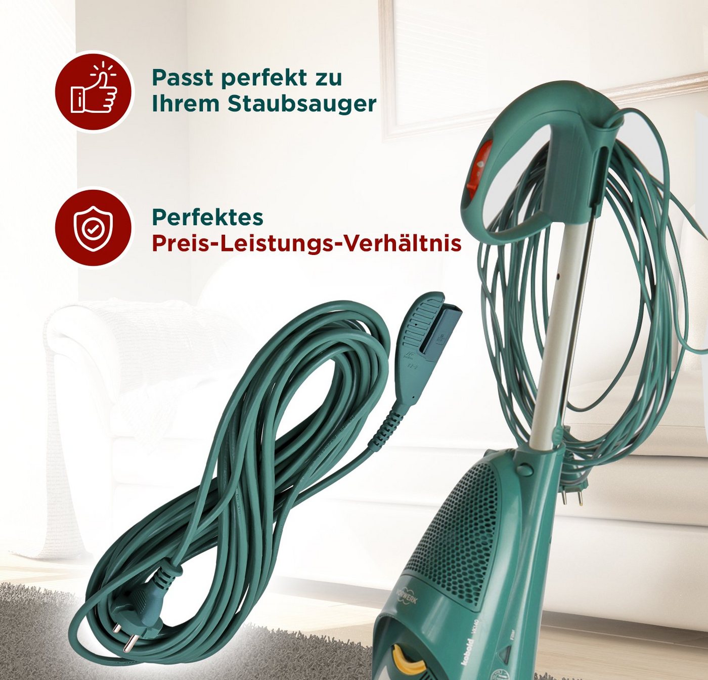 VIOKS Anschlusskabel Ersatz für Vorwerk Stromkabel, 10 m für Handstaubsauger mit Konturenstecker Bild 4