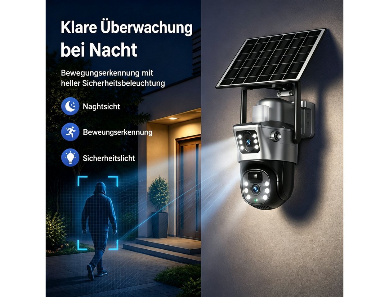 ANTCOOL Überwachungskamera WiFi Solar-Überwachungskamera Außen Doppellinse PTZ, IP66