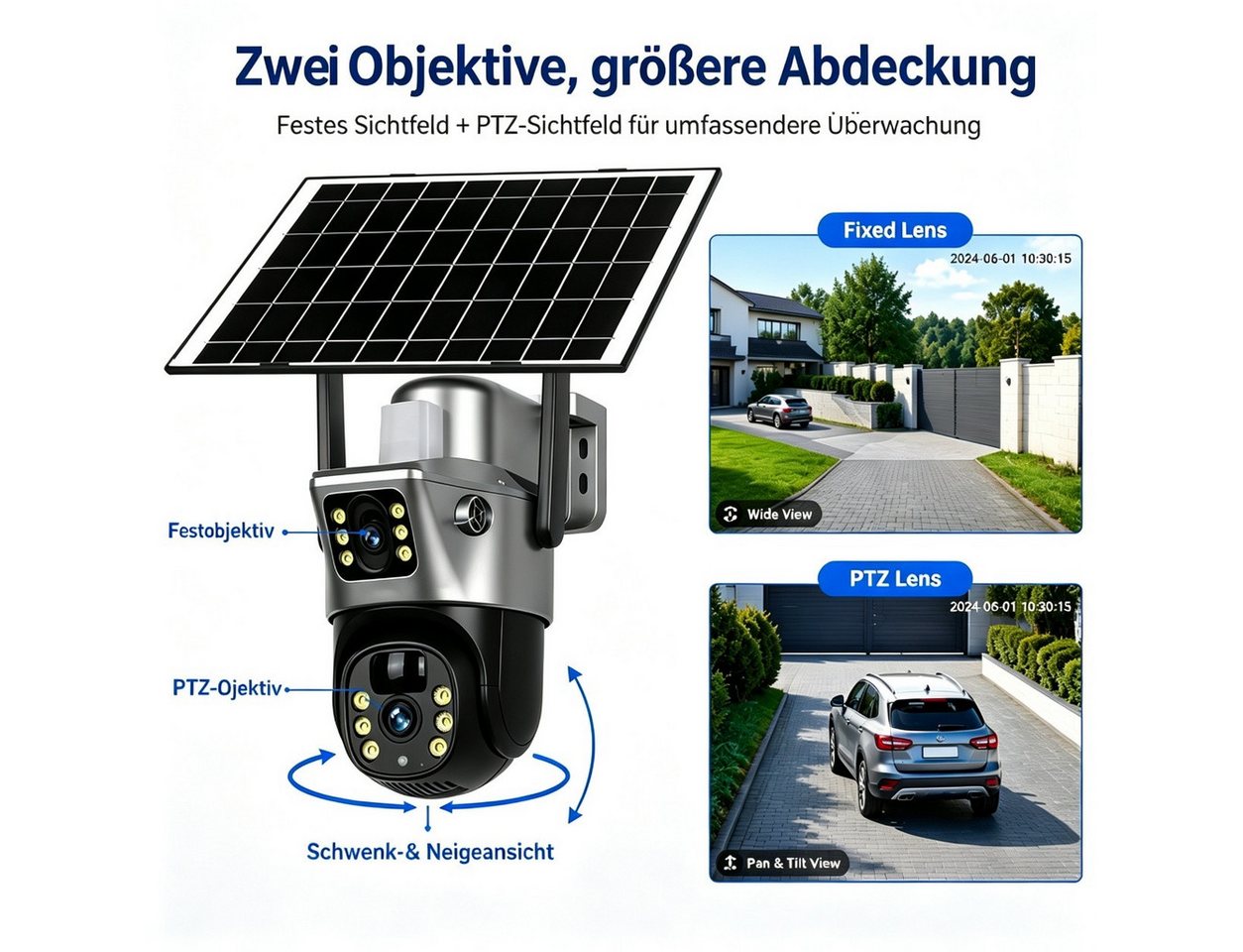 ANTCOOL Überwachungskamera WiFi Solar-Überwachungskamera Außen Doppellinse PTZ, IP66 Bild 5