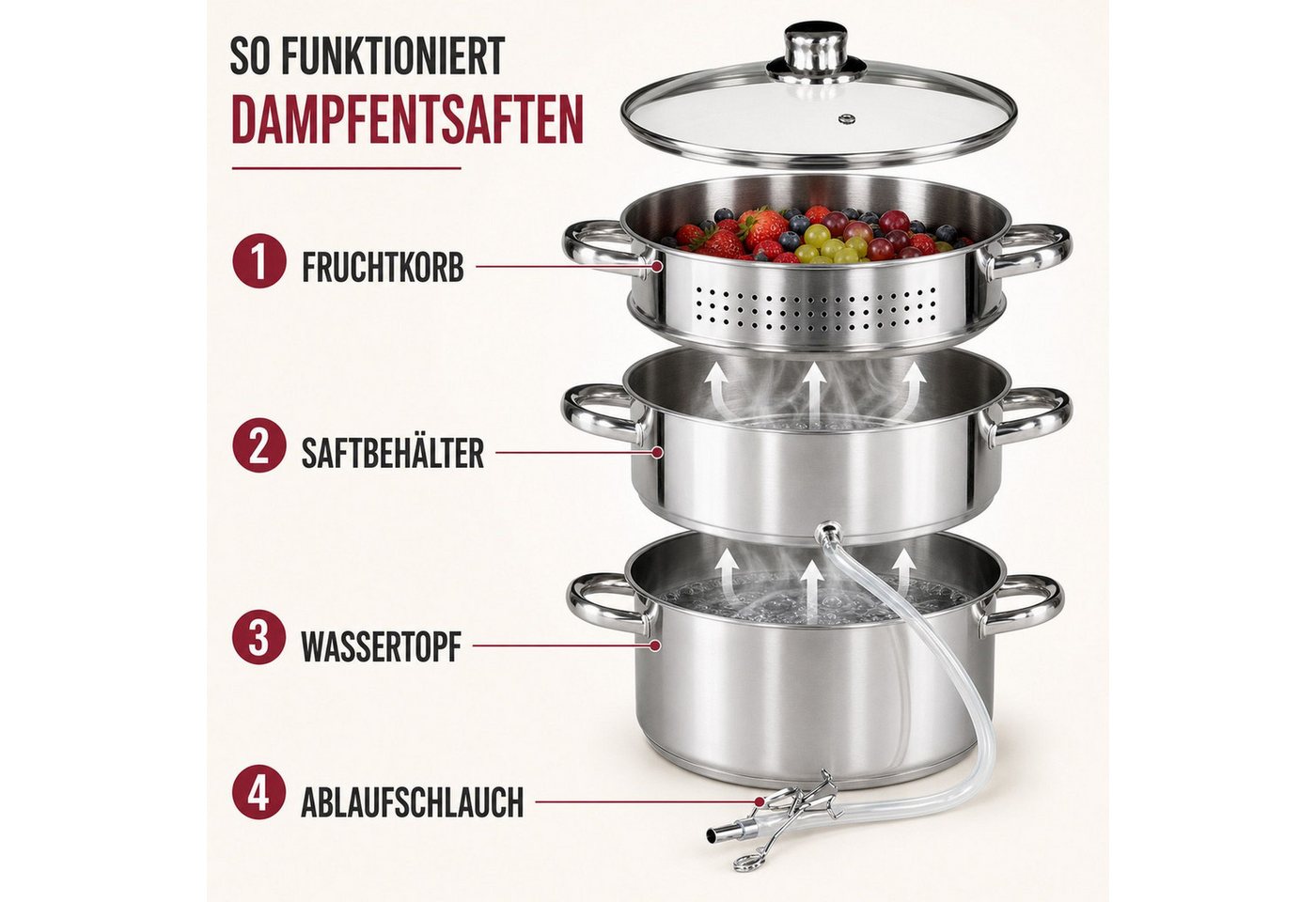 BURI Entsafter Dampfentsafter 5 Liter Edelstahl Ø22 cm für alle Herdarten & Induktion