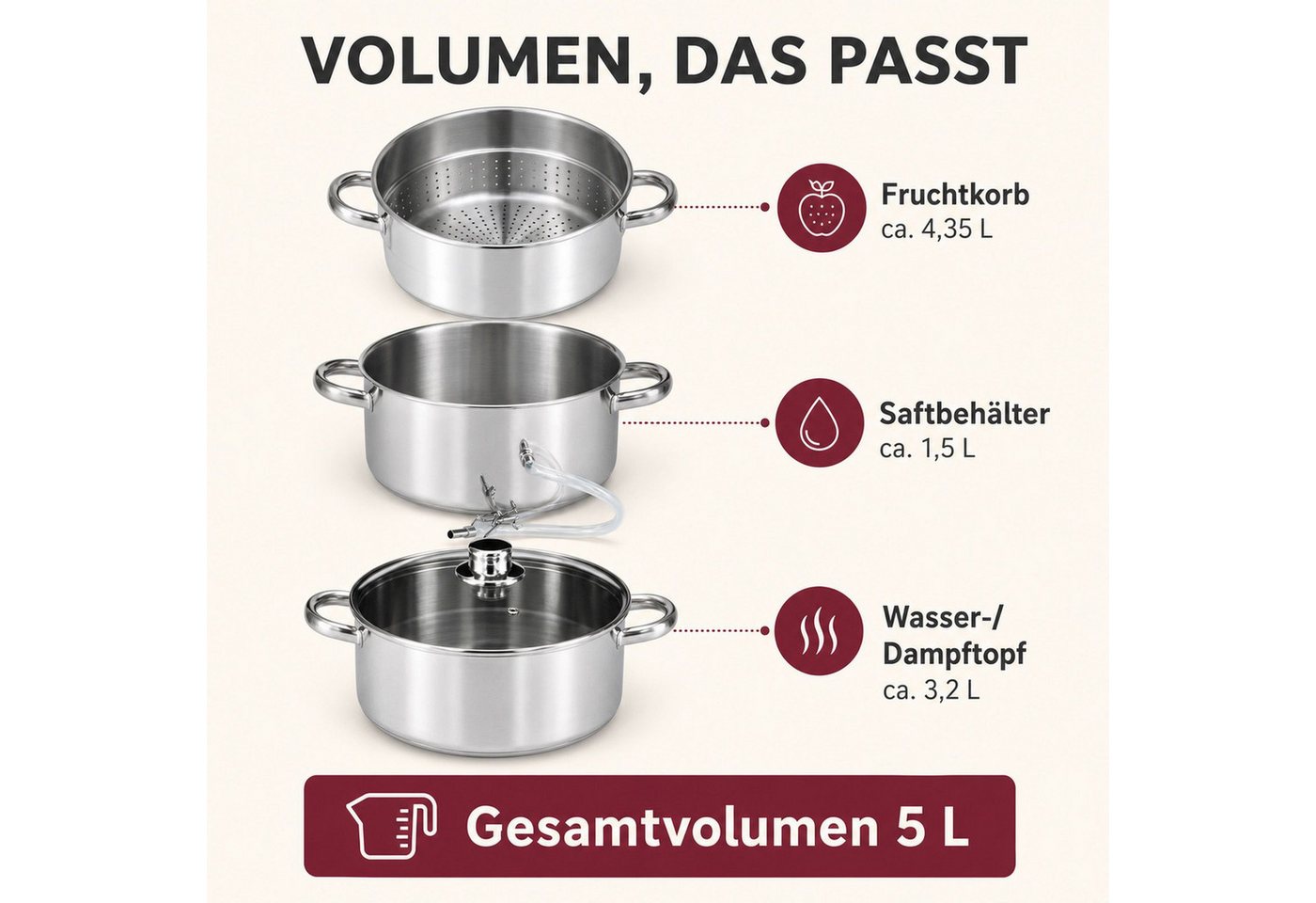 BURI Entsafter Dampfentsafter 5 Liter Edelstahl Ø22 cm für alle Herdarten & Induktion Bild 3