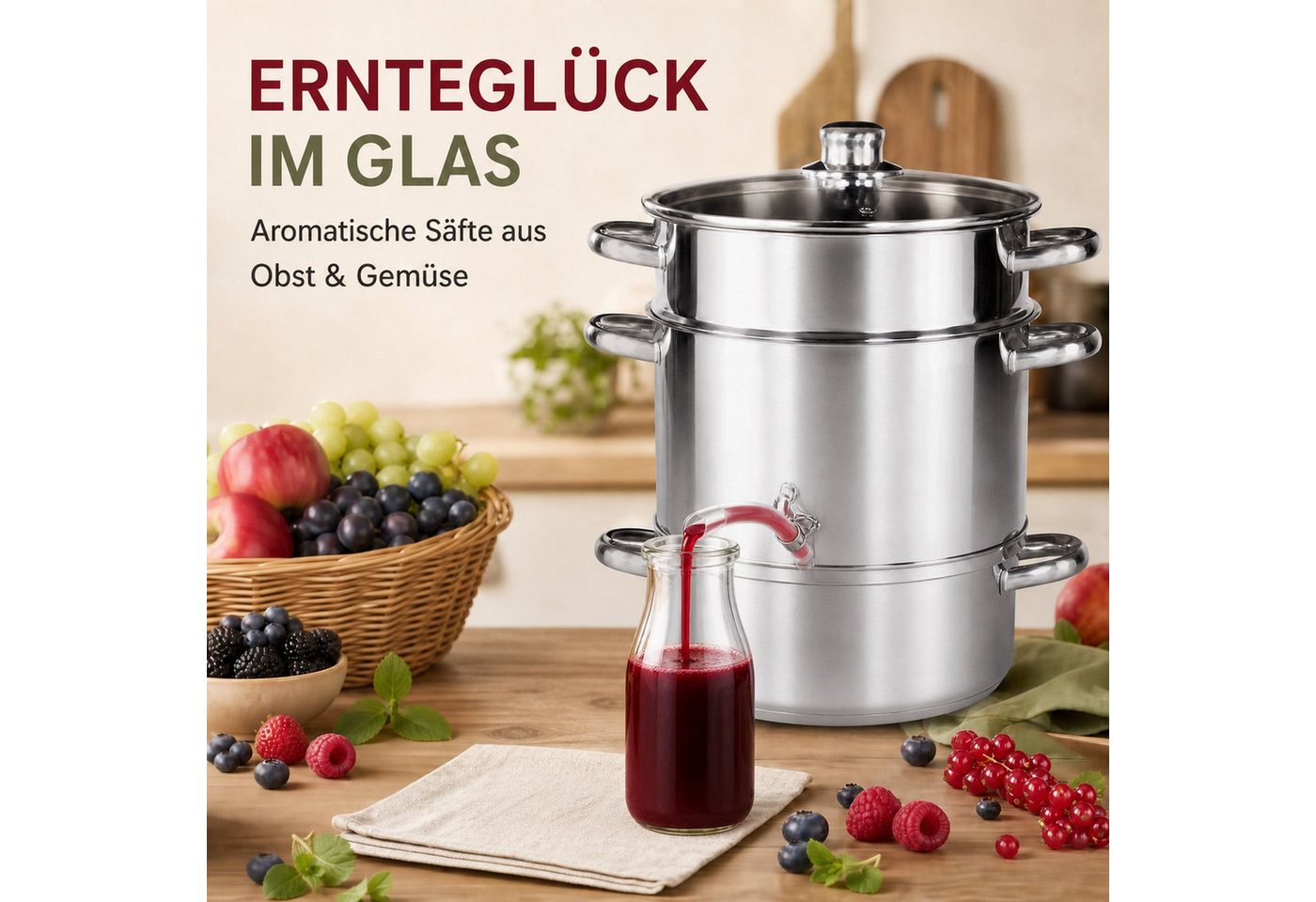 BURI Entsafter Dampfentsafter 5 Liter Edelstahl Ø22 cm für alle Herdarten & Induktion Bild 4