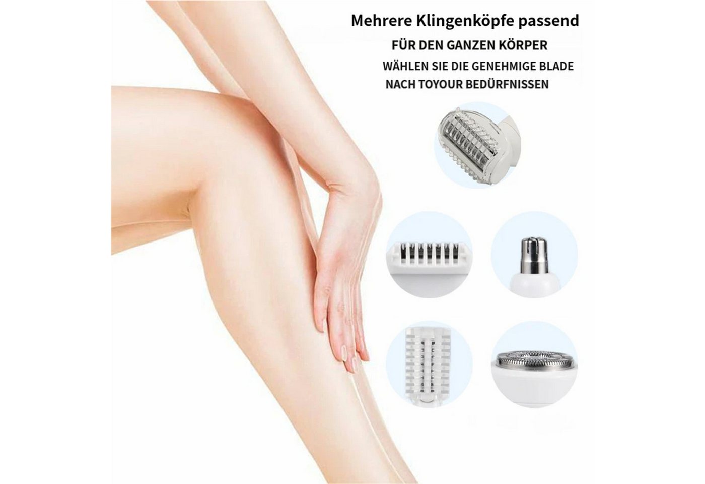 KINSI Elektrogesichtshaarentferner 5-in-1 Elektrischer Haarentferner Damen,Multifunktions Trimmer Set, Aufsätze: 5, Kurzhaarrasierkopf, Langhaartrimmerkopf, Nasenhaartrimmerkopf , Augenbrauentrimmerkopf, Ganzkörper-Rundrasierkopf, IPX7 wasserdicht,für Achseln,Beine,Nasenhaare & Bikinizone Bild 2