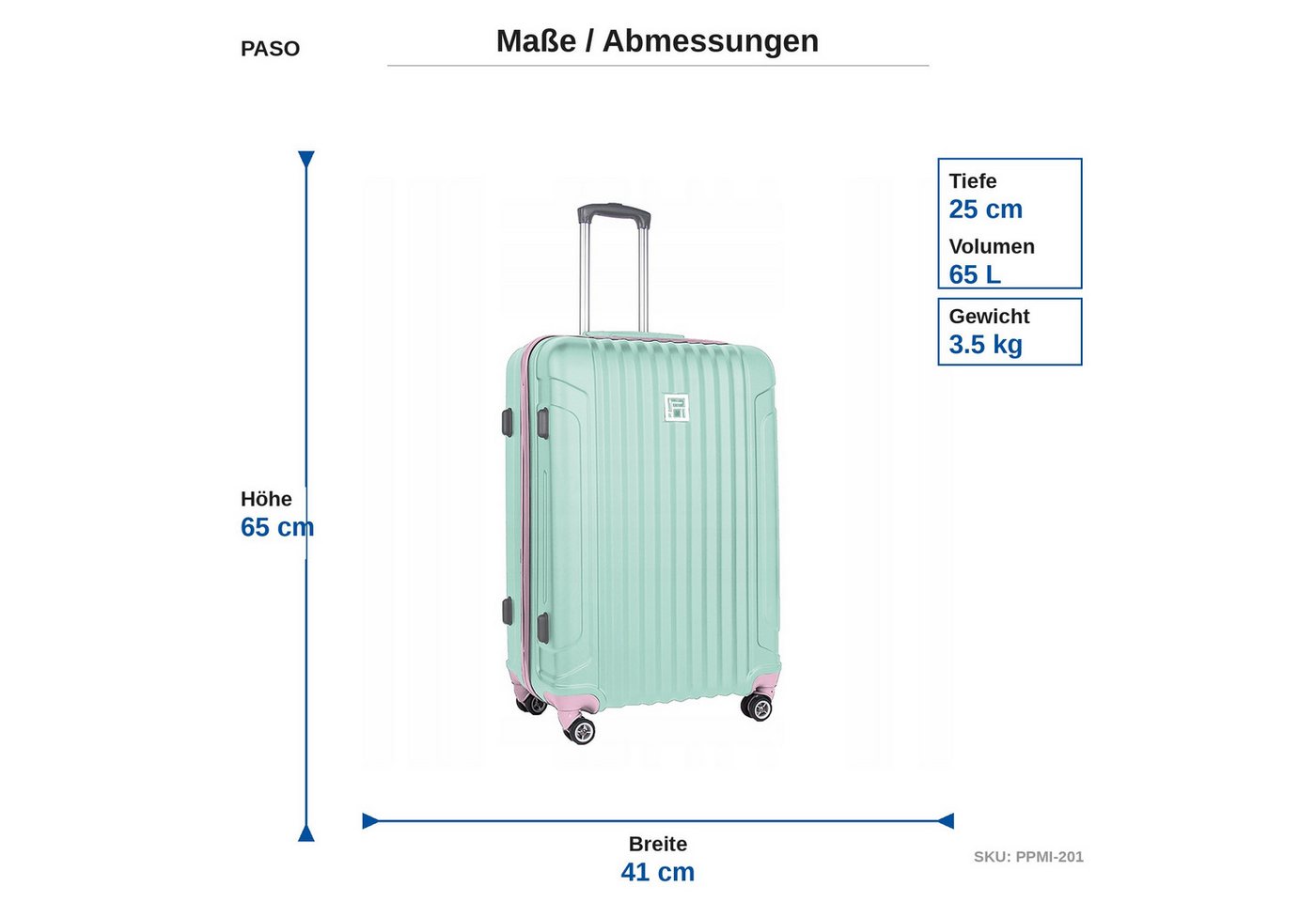 PASO Koffer Reisekoffer 65x41x25 cm leicht 3,5 kg ideal für 1 Woche, Hartschalenkoffer Mintgrün Mittelgroß 65L ABS 4 Rollen TSA Bild 4