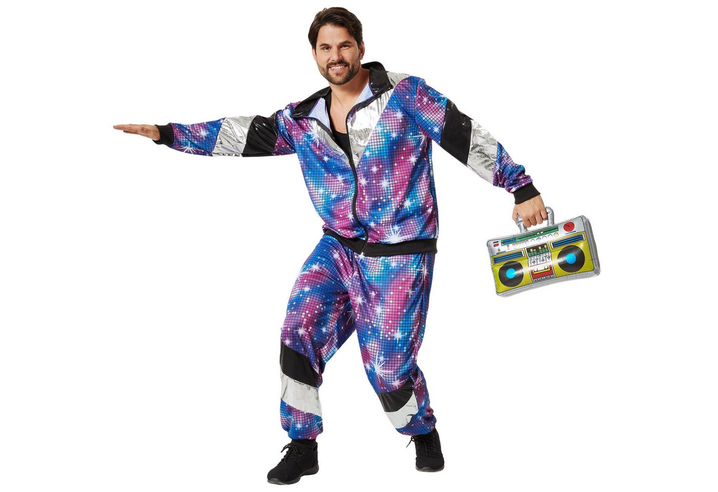 dressforfun Kostüm Retro-Trainingsanzug/80er-/90er-Jahre-Disco-Jogginganzug, in blau, Konfektionsgröße L, Glänzende Jacke und Hose im Retro-Stil, Fasching Bild 3