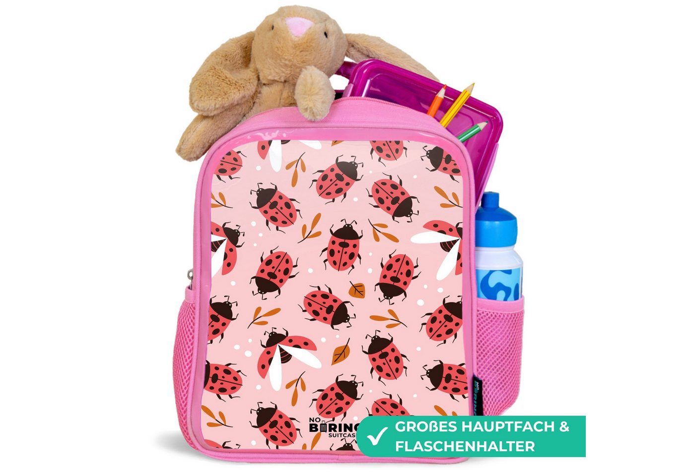 NoBoringSuitcases.com© Rucksack Rosa - Rote Marienkäfer auf rosa Hintergrund, Kinderrucksack, Schulrucksack, Freizeitrucksack, Mädchen, Kindergarten Bild 2