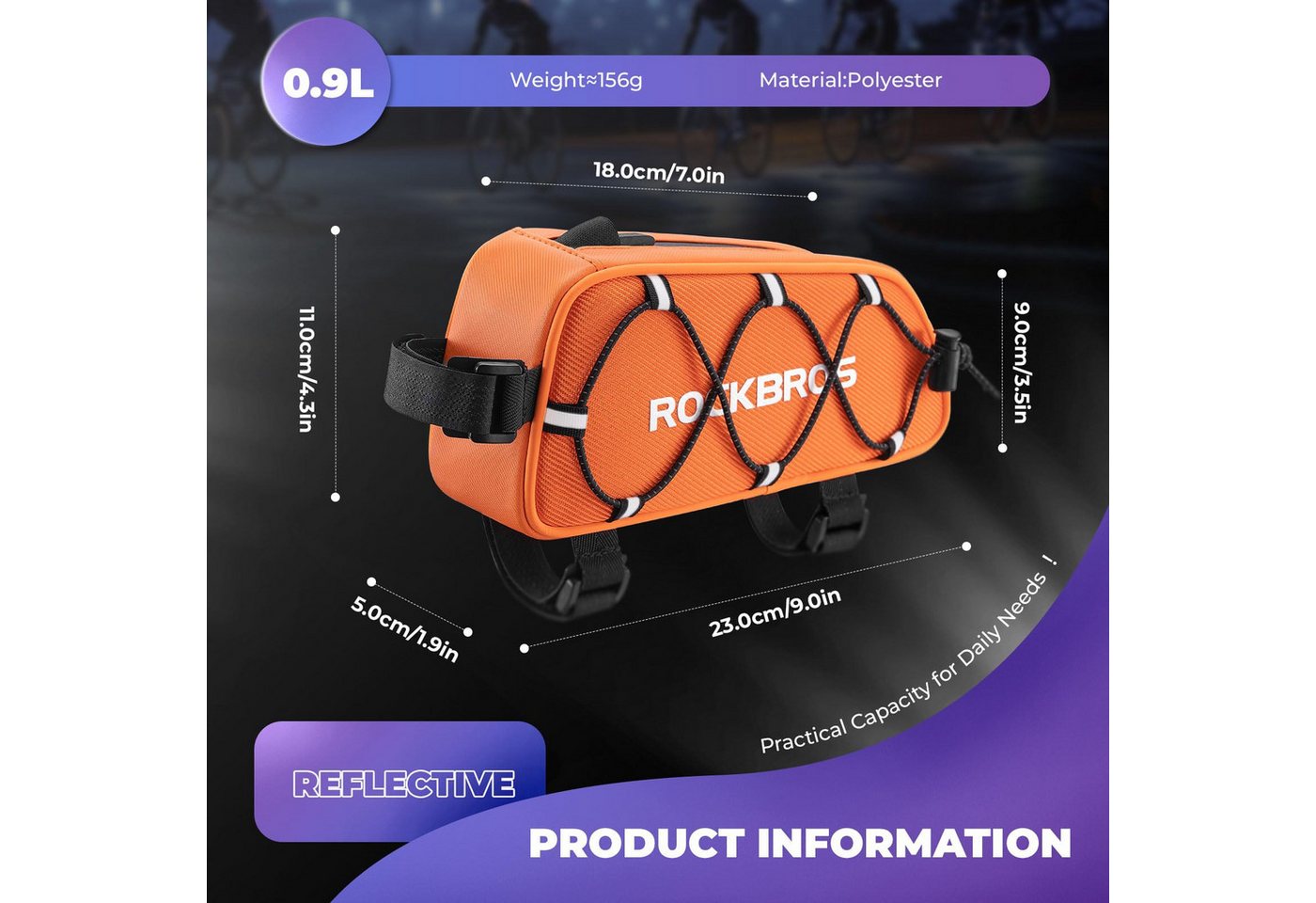 ROCKBROS Rahmentasche Rahmentasche Oberrohrtasche 1 L, reflektierend, wasserabweisend, einfache Montage