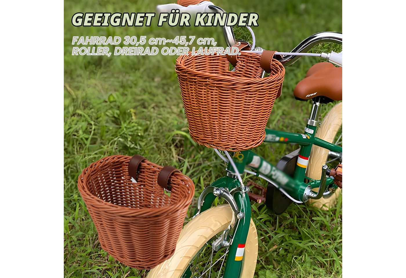 Kityhome Fahrradkorb Kinder Lenkerkorb, PP, 23x19x17,5 cm, 2 Gurte, für Kinderfahrräder (Handgeflochtenes Design), für Kinderfahrräder, Dreiräder, Laufräder & Roller