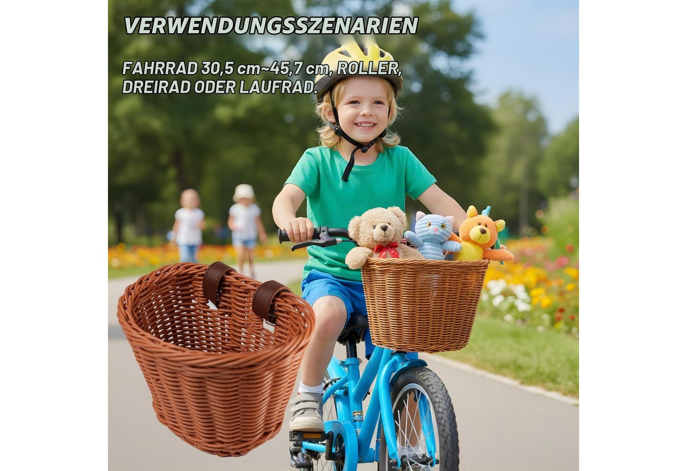Kityhome Fahrradkorb Kinder Lenkerkorb, PP, 23x19x17,5 cm, 2 Gurte, für Kinderfahrräder (Handgeflochtenes Design), für Kinderfahrräder, Dreiräder, Laufräder & Roller Bild 4