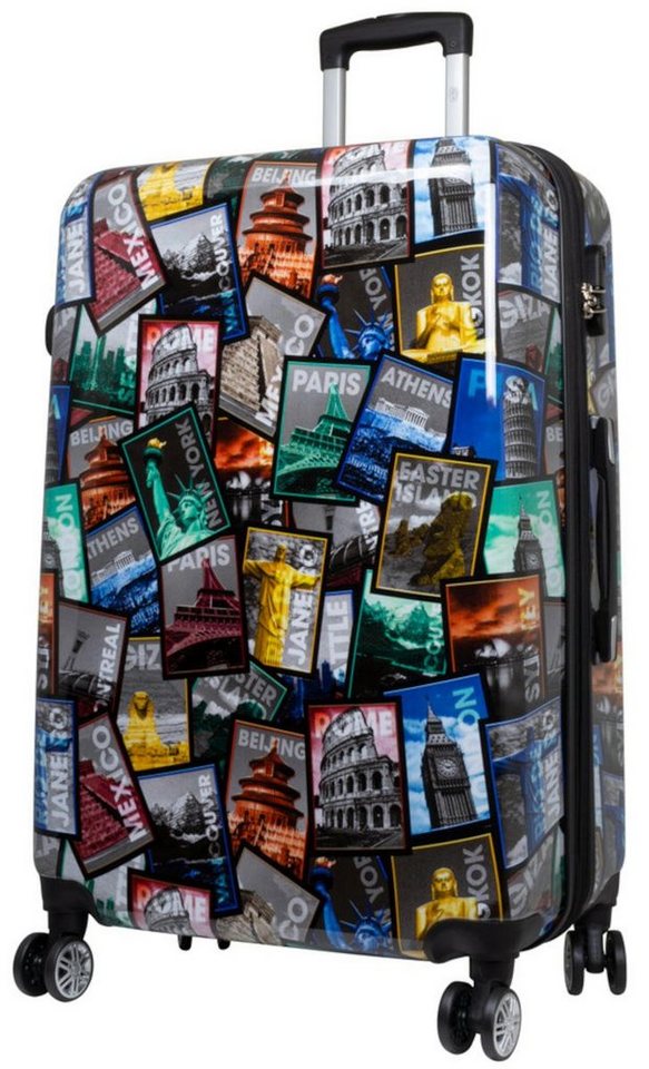 Warenhandel König Trolleyset Tourist Attractions, 4 Rollen, (Gr. M, L und XL, 3 tlg., Hartschalen Trolley Set), mit Motiv, Dehnfalte für Gr. L und XL, aufrecht rollbar, Hartschale