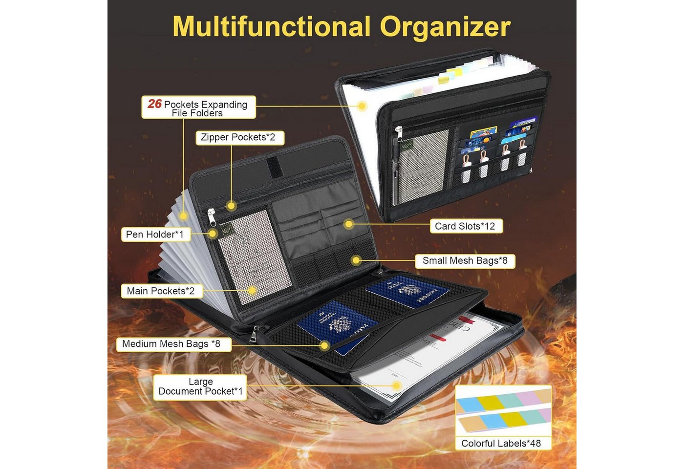 MOPUEA Dokumententasche Feuerhemmende Dokumententasche Organizer Wasserabweisend mit 13 Fächer (1-tlg Dokumententasche mit 13 Fächern und Reißverschluss, Dokumentenmappe für A4 Unterlagen Karten Reisepässe und USB), Feuerhemmend wasserabweisend mit Kartenfächern und Griff Bild 2