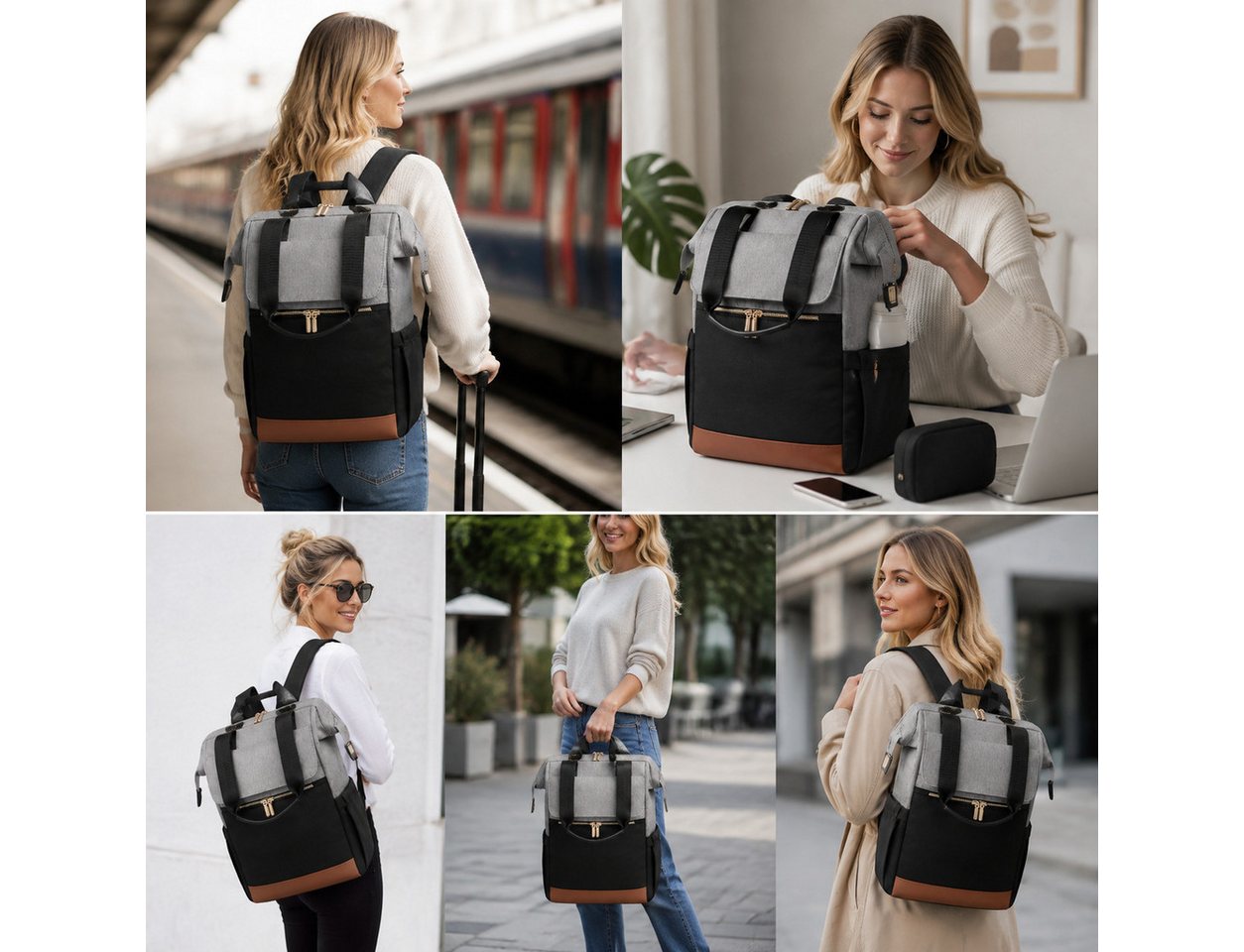 Toomoke Rucksack Damen, Laptoprucksack, Cityrucksack mit Kosmetiktasche (Reiserucksack für 15,6-Zoll-Laptop, Büro, Studium und Reisen), 16 Fächer, Anti-Diebstahl-Tasche, Gepäckgurt, Zusatztasche