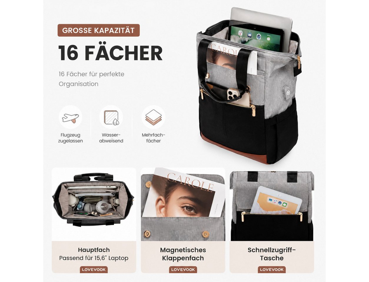 Toomoke Rucksack Damen, Laptoprucksack, Cityrucksack mit Kosmetiktasche (Reiserucksack für 15,6-Zoll-Laptop, Büro, Studium und Reisen), 16 Fächer, Anti-Diebstahl-Tasche, Gepäckgurt, Zusatztasche Bild 3